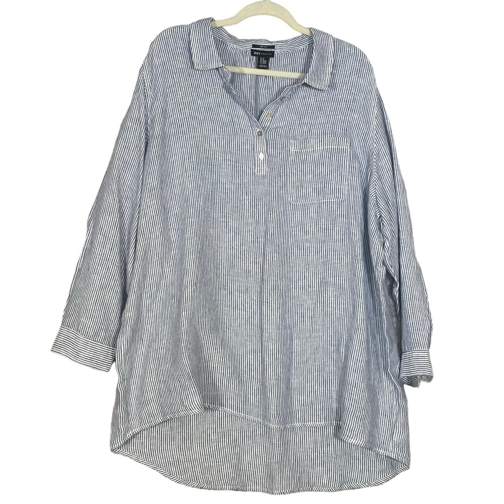 Jones New York JNY Top 100% Linen Tunic Blue & White Stripe Popover Size 2X
